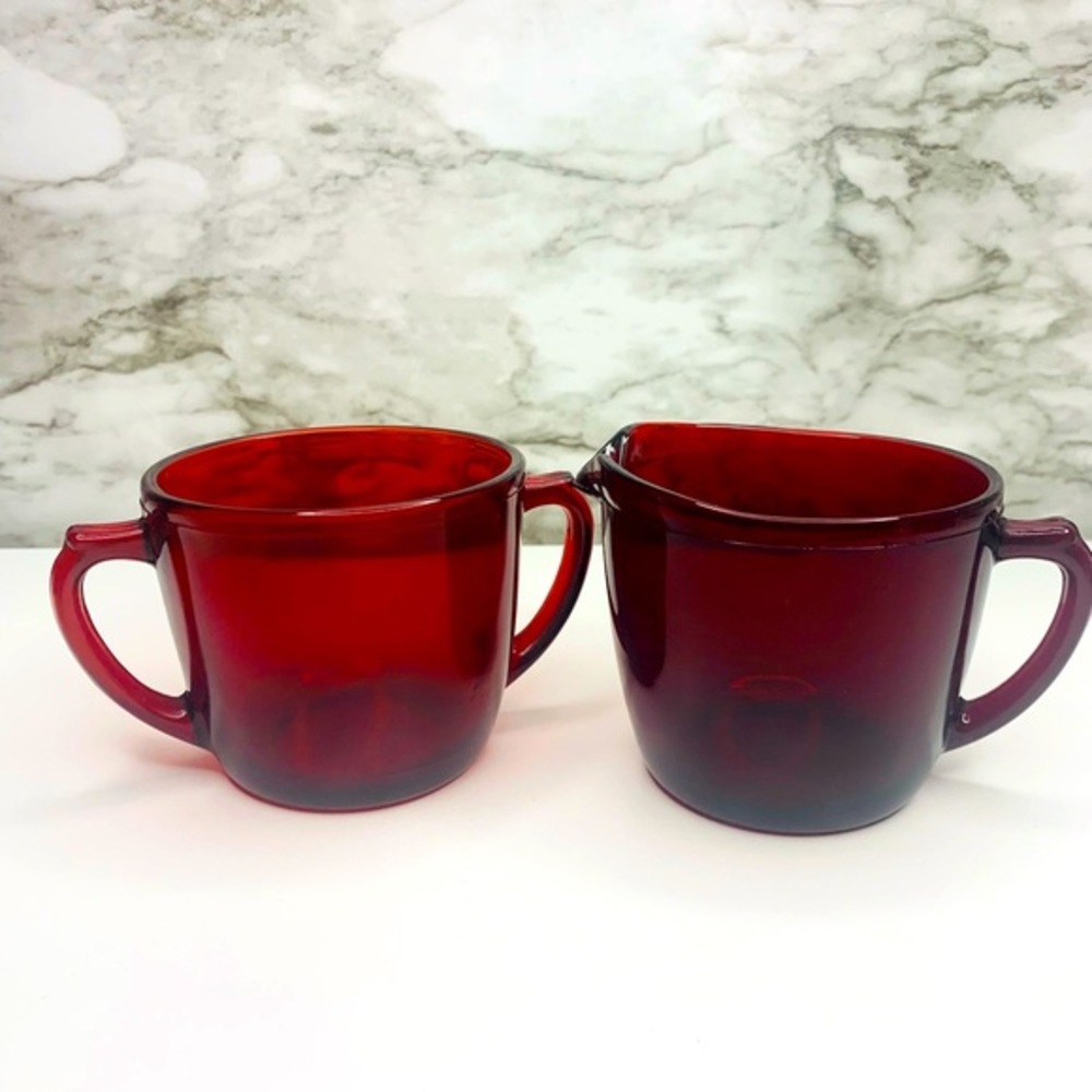 Ruby red depression glass sugar and creamer set